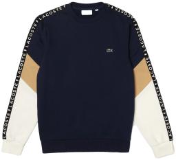 Sport Mens Crew Neck Lettered Colorblock Sleeved Fleece Sweatshirt Navy Blue/Beige/White
